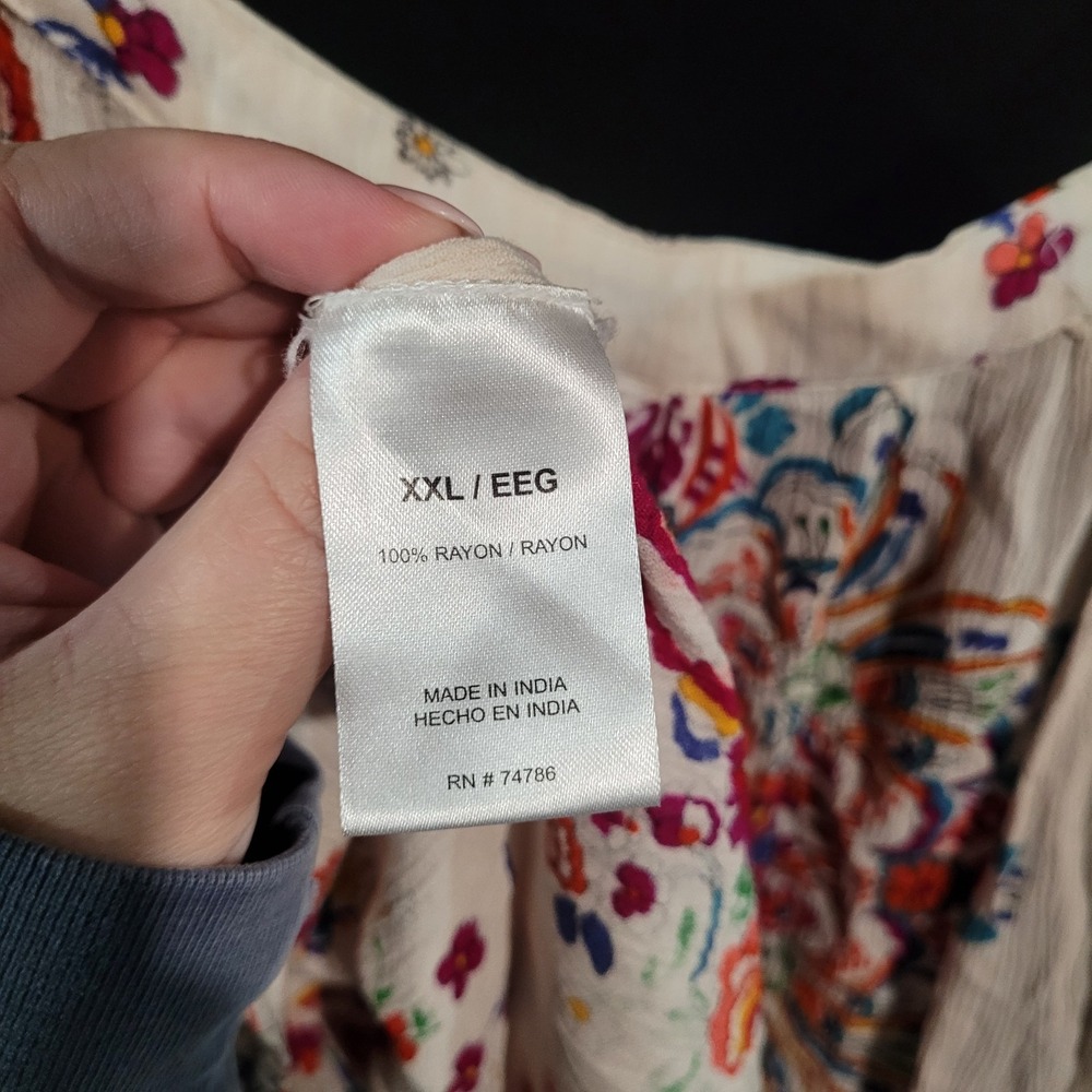 Bila Boho Floral Peasant Blouse XXL 2XL Ivory Multi Deep V-Neck 3/4 Balloon Slv - Picture 9 of 10